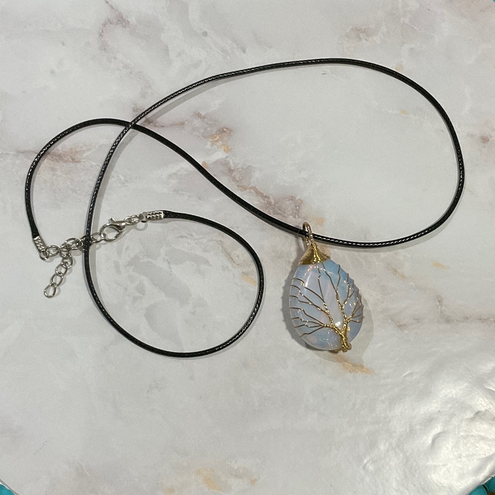 Natural Stone Wrapped Water Drop Tree Pendant Necklace